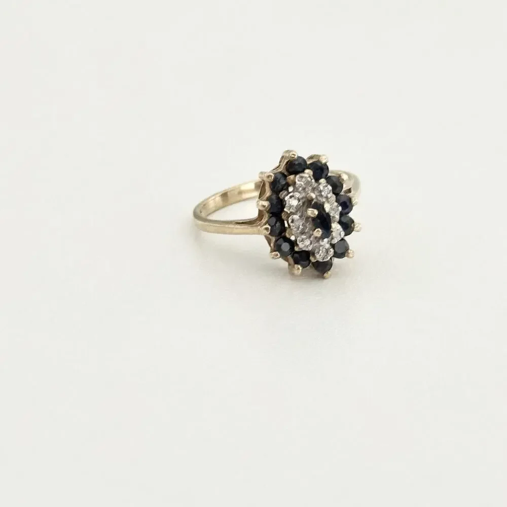 Vintage 10K Yellow Gold Sapphire & Diamond Halo Cluster Ladies Band Ring Size 6
